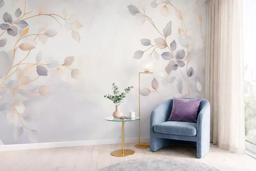 murales de pared Ramas frondosas y delicadas sobre un fondo suave y difuminado w05296