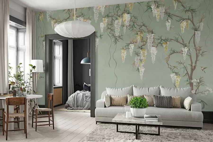 murales de pared Ramas en flor con flores blancas y pájaros sobre un fondo verde w05394