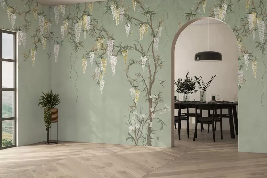 murales de pared Ramas en flor con flores blancas y pájaros sobre un fondo verde w05394
