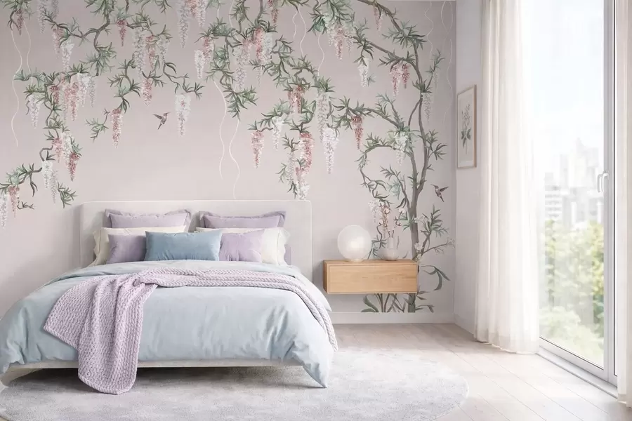 murales de pared Ramas en flor con capullos rosas y pájaros w05394v1