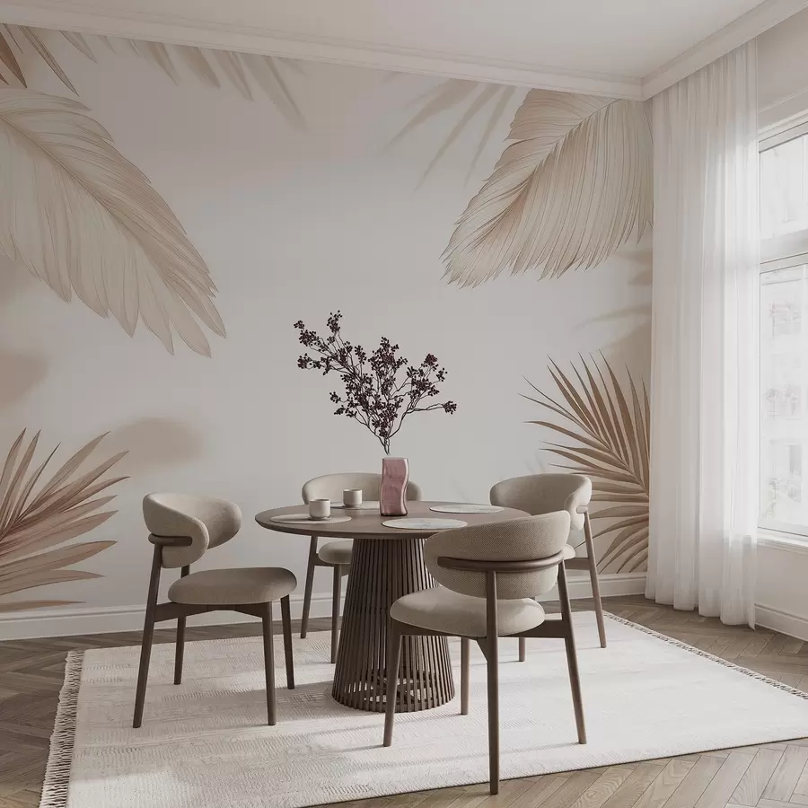 murales de pared Decoración tropical en tonos beige con siluetas de hojas de palmera y sombras suaves w09714