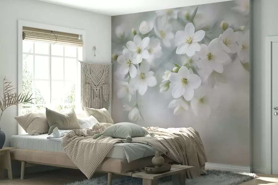 murales de pared Flores blancas de textura delicada, difuminadas suavemente en el fondo w09759
