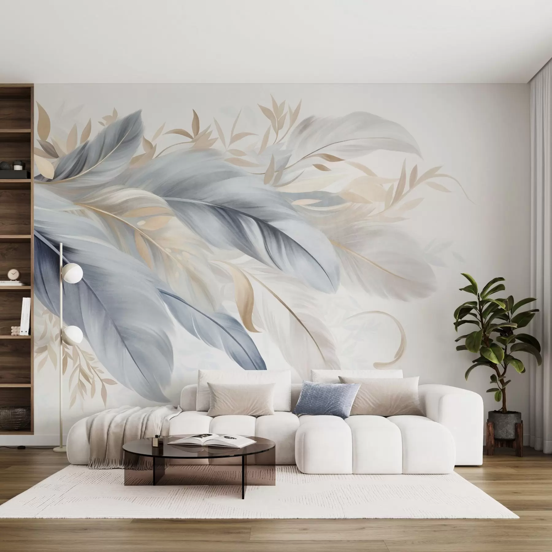murales de pared Plumas con textura en tonos pastel y delicadas hojas sobre un fondo claro w09763