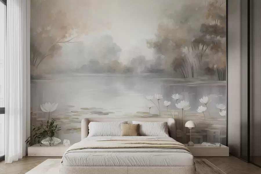 murales de pared Paisaje con relieve, lago con nenúfares blancos, rodeado de árboles de colores tenues w09768