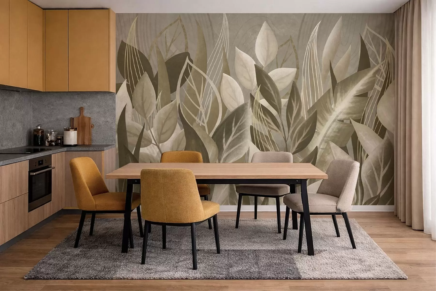 murales de pared Hojas abstractas en tonos beige y verde w05148