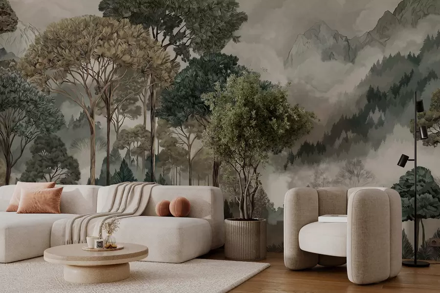 murales de pared Paisaje montañoso con bosque en tonos suaves w05410v1