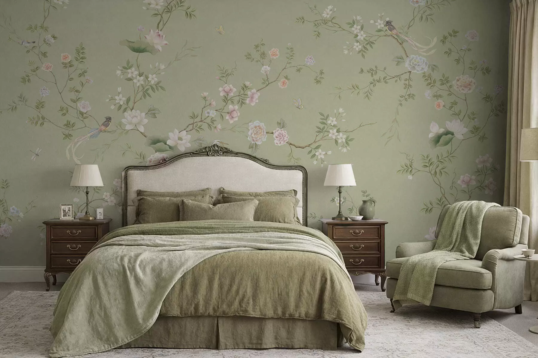 murales de pared Ramas en flor con pájaros sobre un fondo verde claro w05416