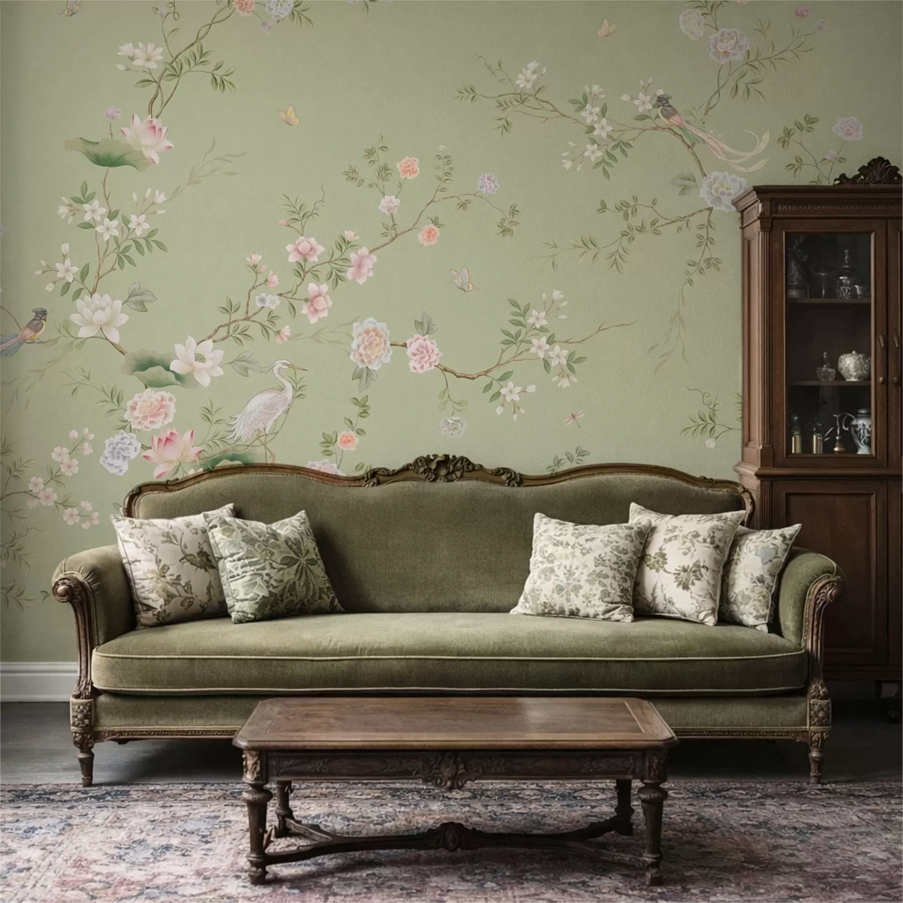 murales de pared Ramas en flor con pájaros sobre un fondo verde claro w05416