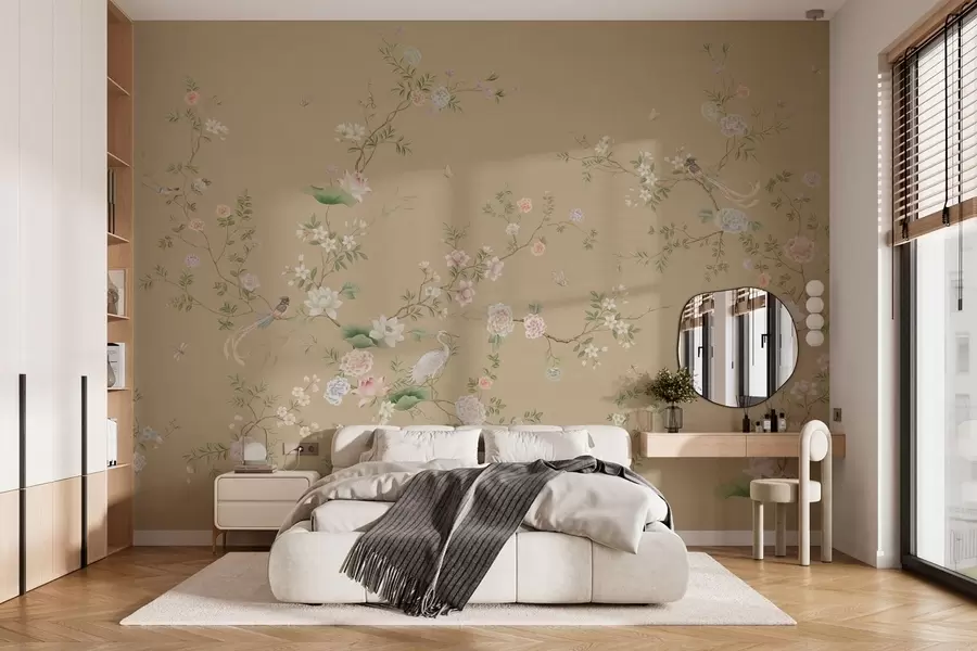 murales de pared Ramas en flor con pájaros sobre un fondo beige cálido w05416v2