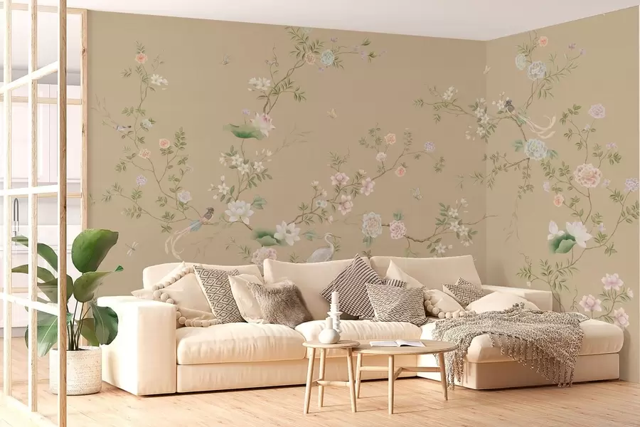murales de pared Ramas en flor con pájaros sobre un fondo beige cálido w05416v2