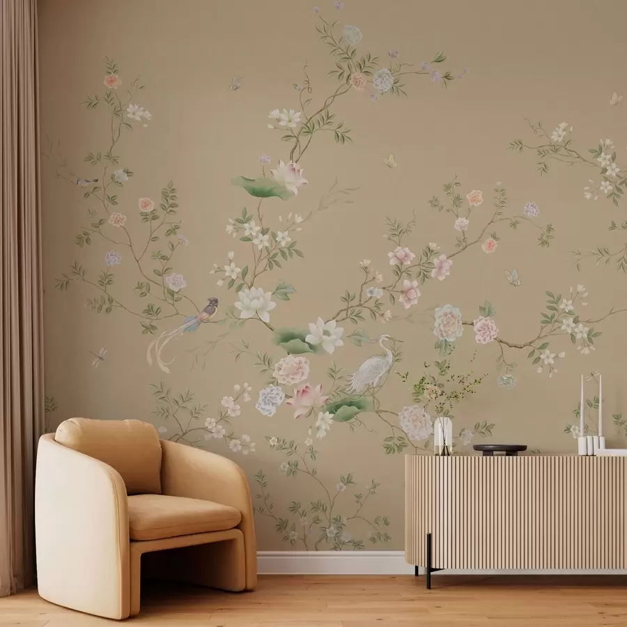 murales de pared Ramas en flor con pájaros sobre un fondo beige cálido w05416v2
