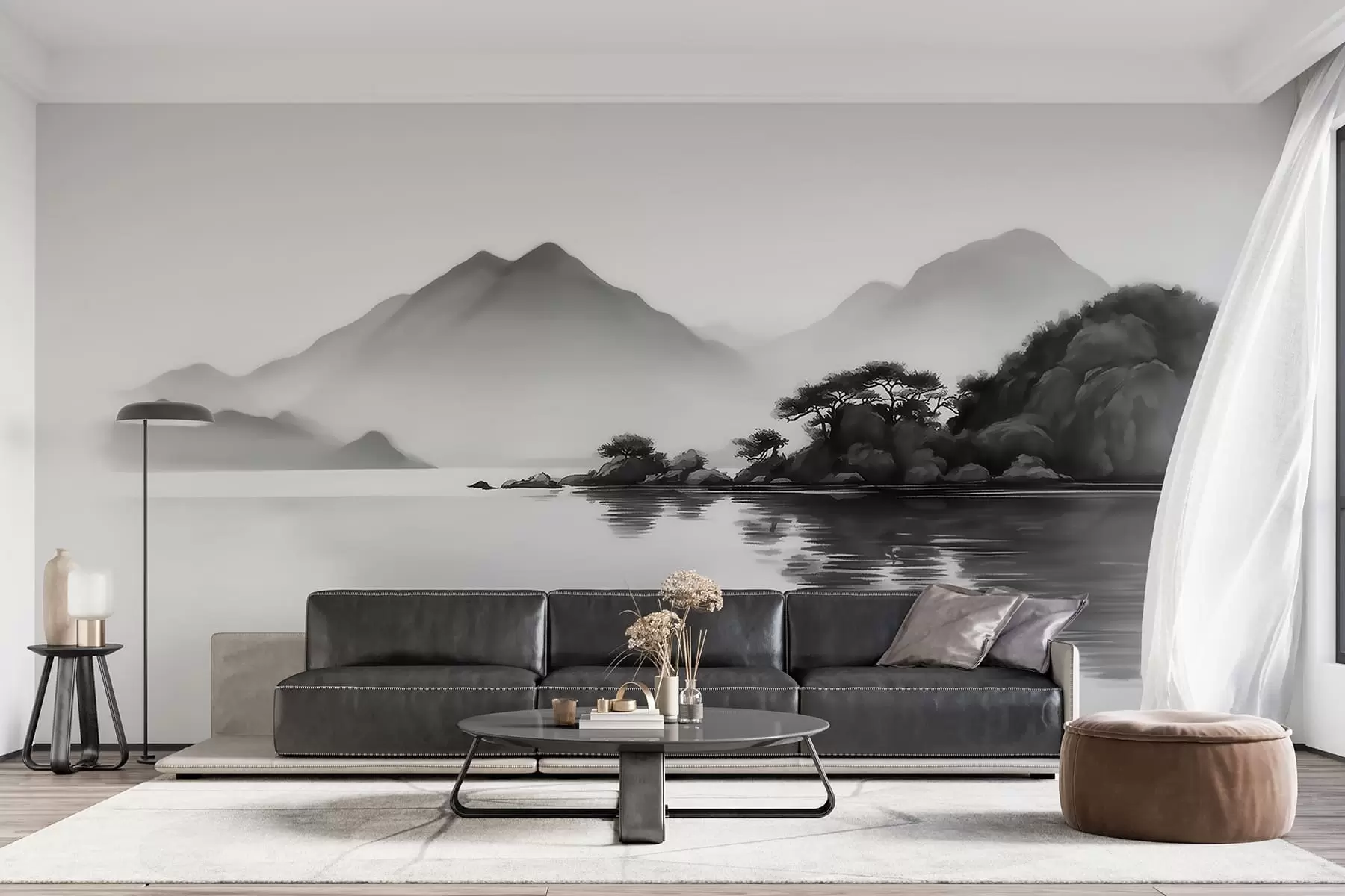murales de pared Paisaje en blanco y negro con montañas y un lago envueltos en una suave niebla w09803