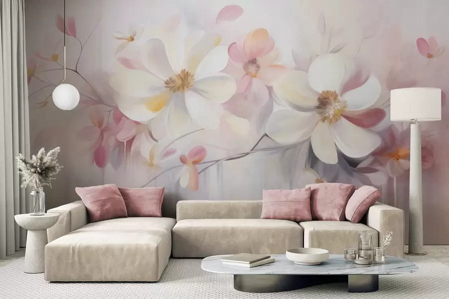 murales de pared Arte texturizado con flores blancas y rosas de pétalos delicados, fondo abstracto y suave w09811