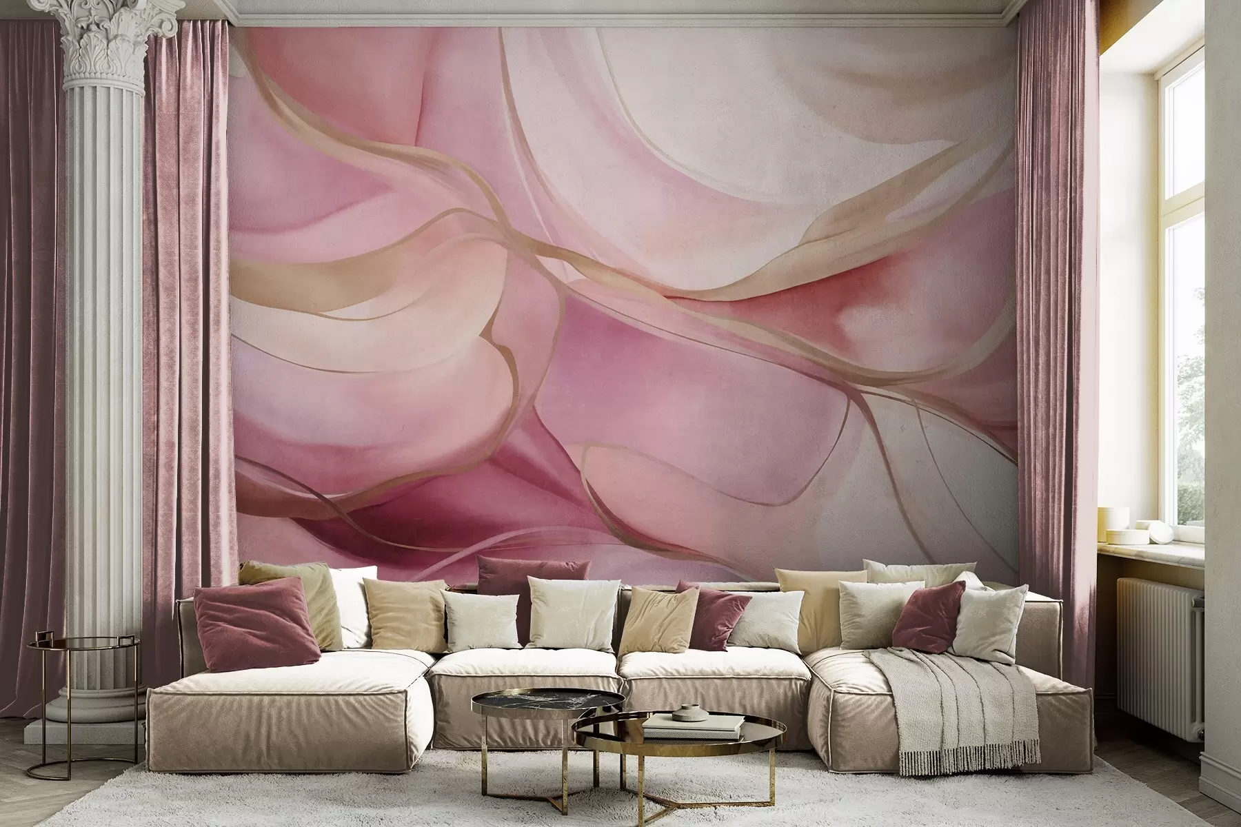 murales de pared Formas fluidas con texturas abstractas en tonos rosa y beige, con delicadas líneas amarillas w09818