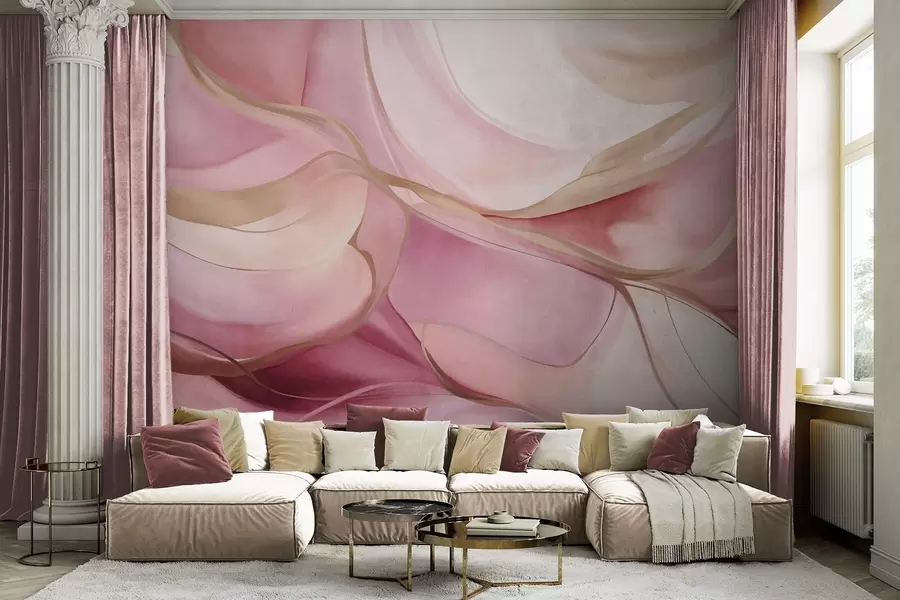 murales de pared Formas fluidas con texturas abstractas en tonos rosa y beige, con delicadas líneas amarillas w09818