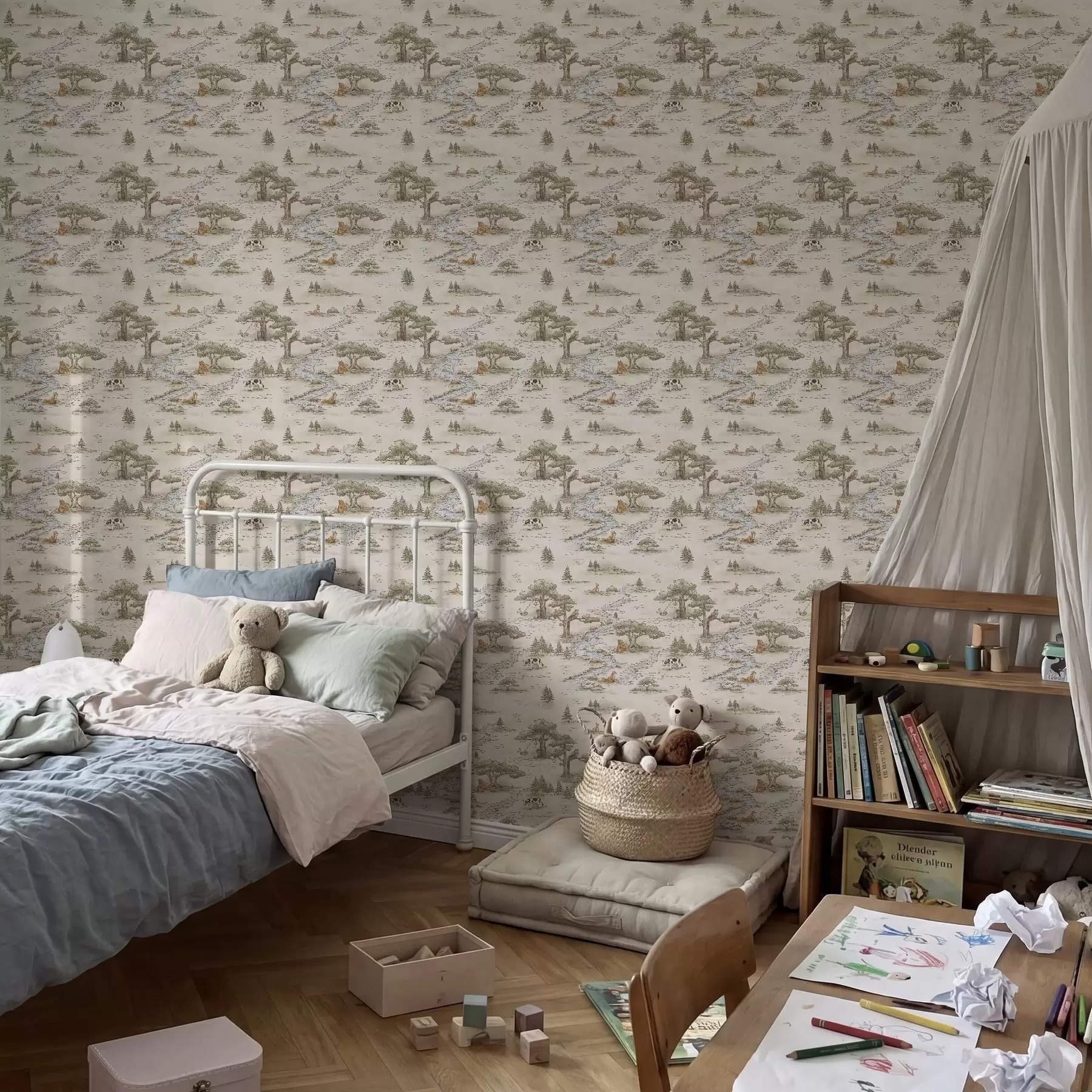 murales de pared Ilustración de la naturaleza con animales y un río a01157