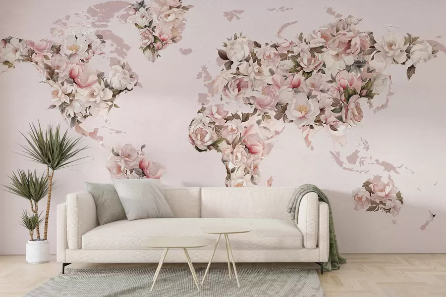 murales de pared Un mapamundi rosa compuesto por grandes peonías blancas y rosas c00005
