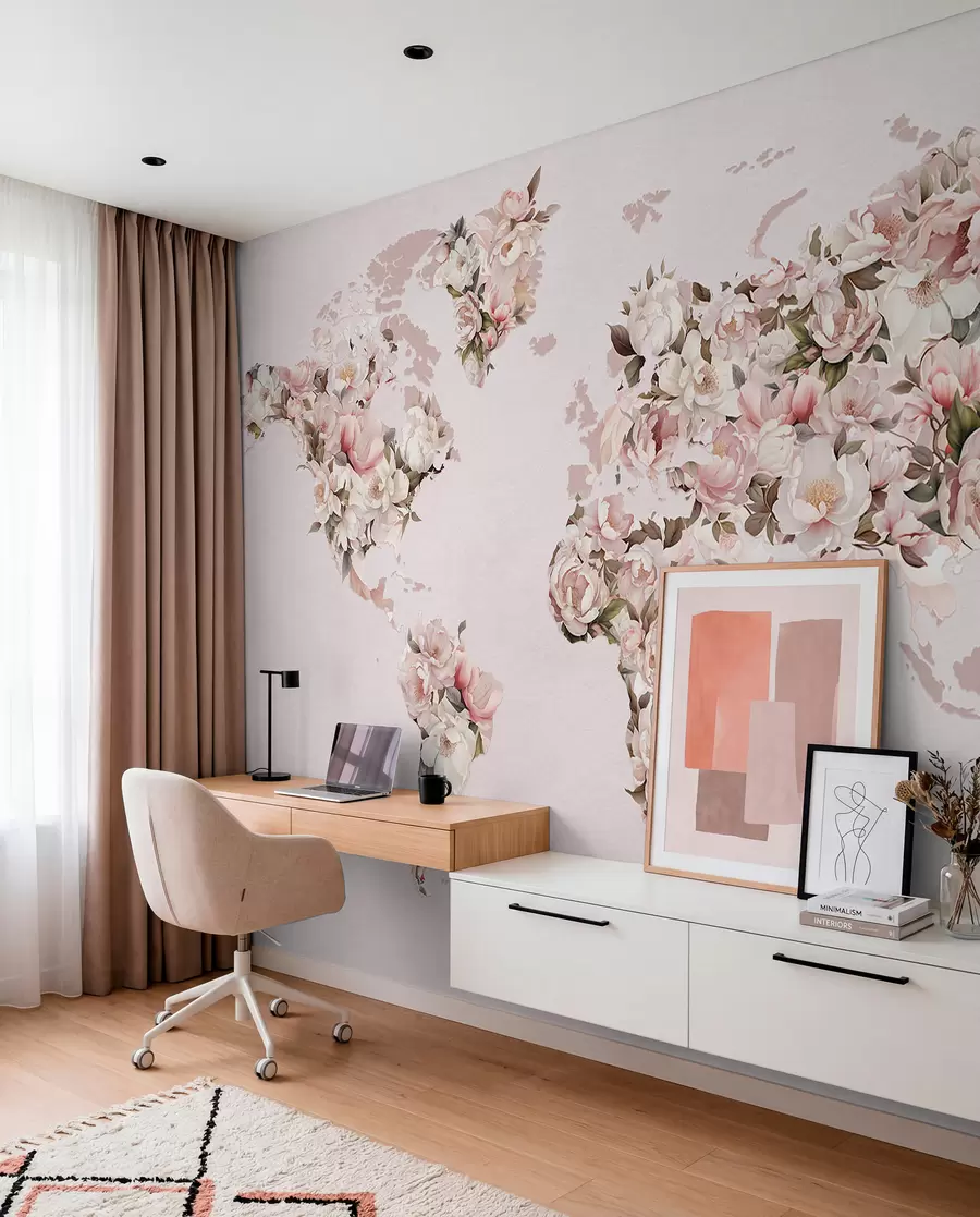 murales de pared Un mapamundi rosa compuesto por grandes peonías blancas y rosas c00005