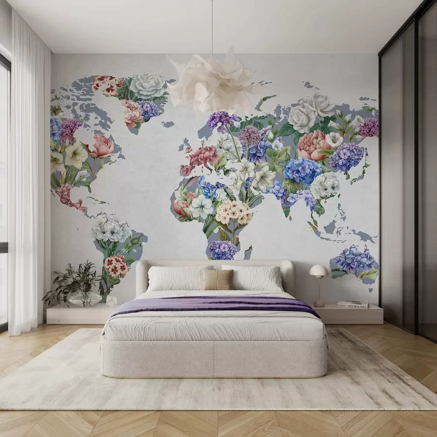 murales de pared Un colorido mapa del mundo elaborado con una gran variedad de flores de vivos colores c00006