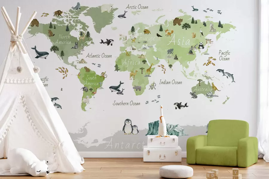 murales de pared Un mapa de Green en estilo acuarela con animales, plantas y arquitectura. Etiquetas en inglés c00009env2