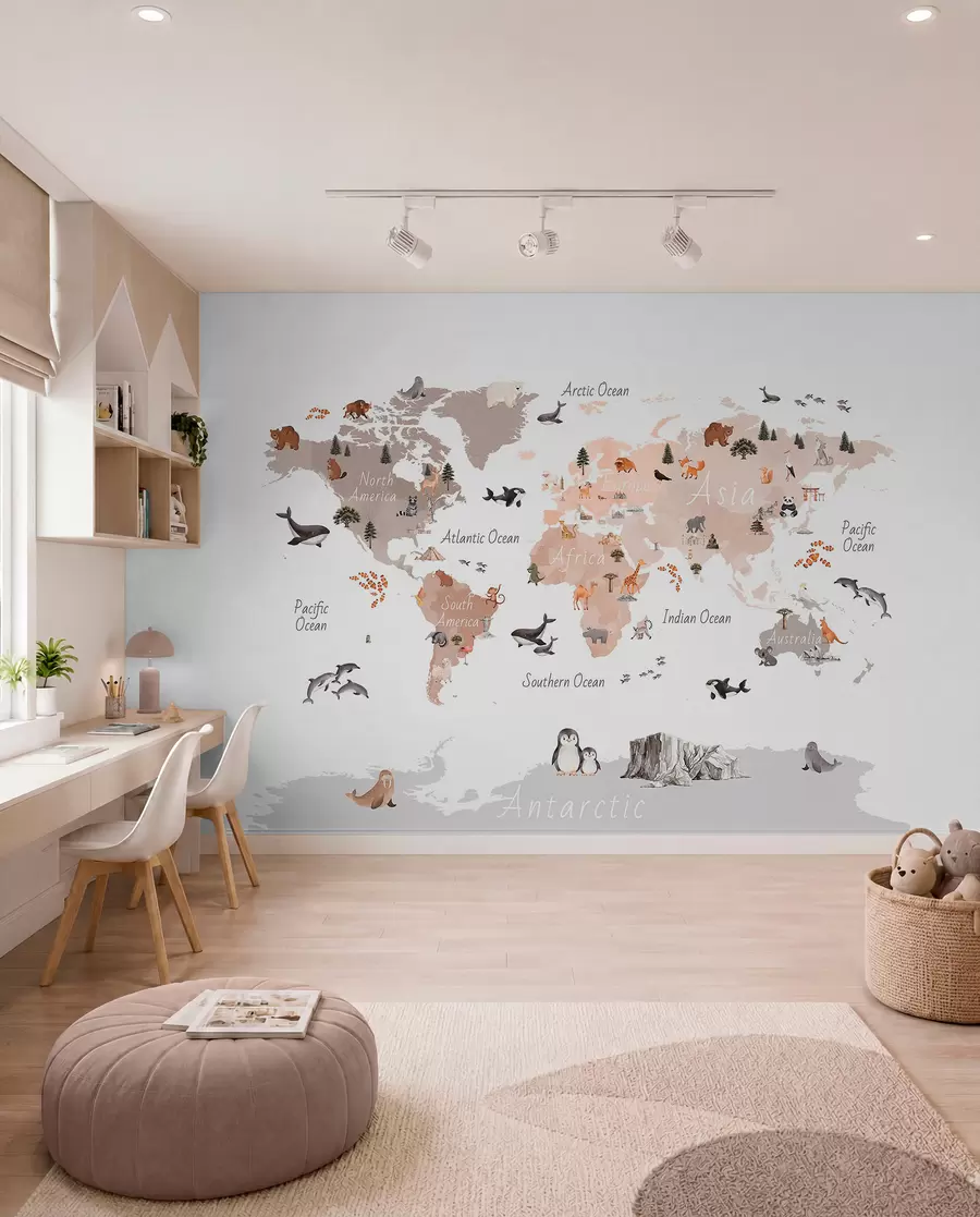 murales de pared Un mapa en tonos beige, con un estilo de acuarela, en el que aparecen animales, plantas y elementos arquitectónicos. Etiquetas en inglés c00009env3