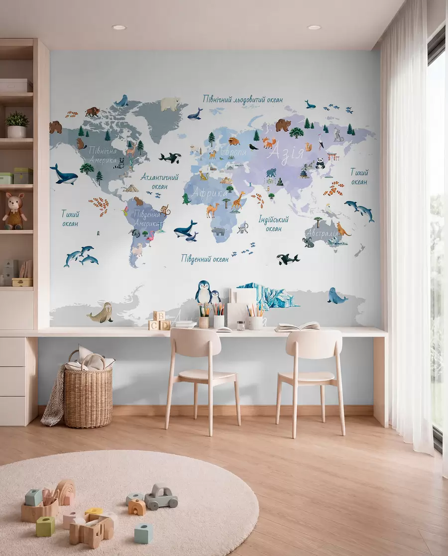 murales de pared Un mapa azul de estilo acuarela en el que aparecen animales, plantas y elementos arquitectónicos. Rótulos en ucraniano c00009ukv1