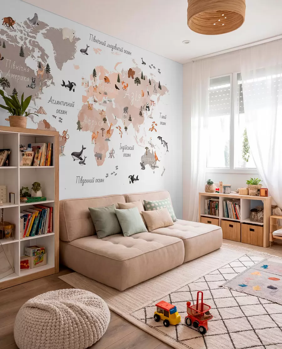 murales de pared Un mapa en tonos beige, con un estilo de acuarela, en el que aparecen animales, plantas y elementos arquitectónicos. Rótulos en ucraniano. c00009ukv3