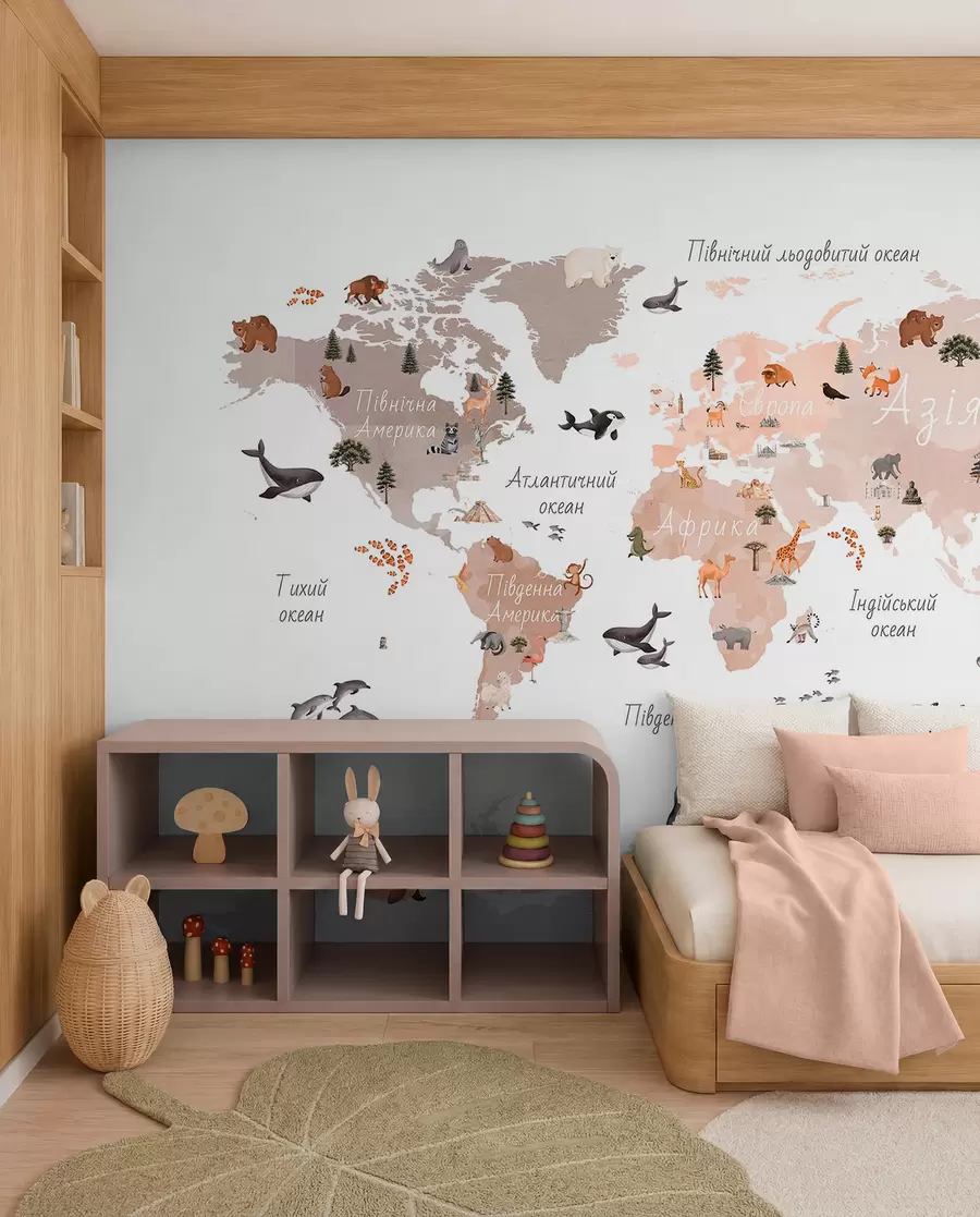 murales de pared Un mapa en tonos beige, con un estilo de acuarela, en el que aparecen animales, plantas y elementos arquitectónicos. Rótulos en ucraniano. c00009ukv3
