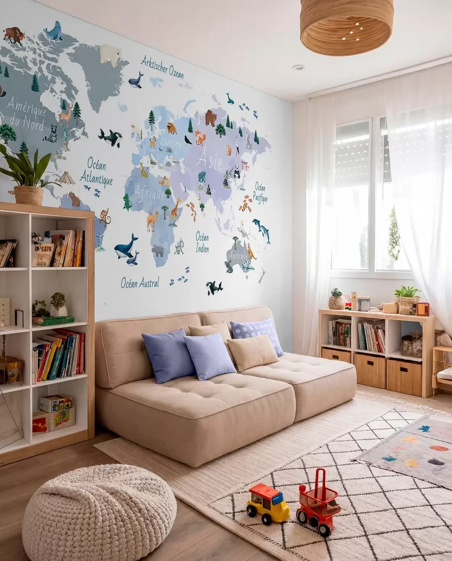 murales de pared Un mapa azul de estilo acuarela en el que aparecen animales, plantas y elementos arquitectónicos. Rótulos en francés c00009frv1