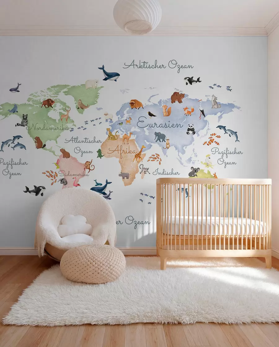 murales de pared Un mapa azul de estilo acuarela con animales. Etiquetas en alemán c00012dev1