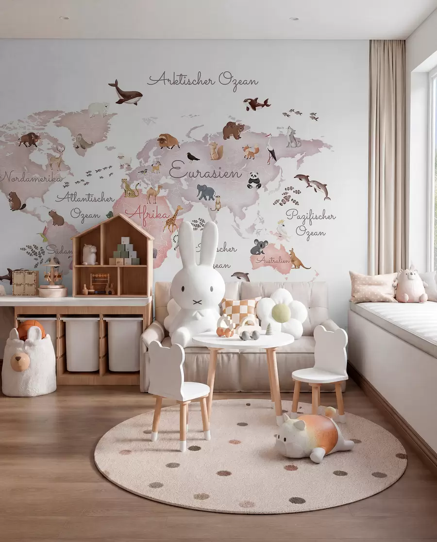 murales de pared Un mapa en tonos beige, con un estilo de acuarela, en el que aparecen animales. Rótulos en alemán c00012dev3