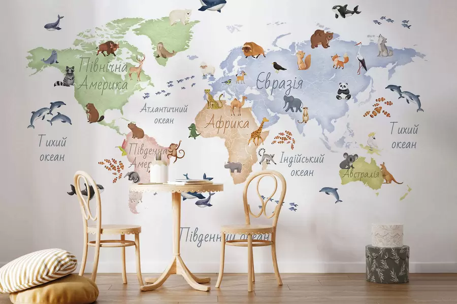 murales de pared Un mapa a color con estilo de acuarela en el que aparecen animales. Etiquetas en ucraniano c00012uk