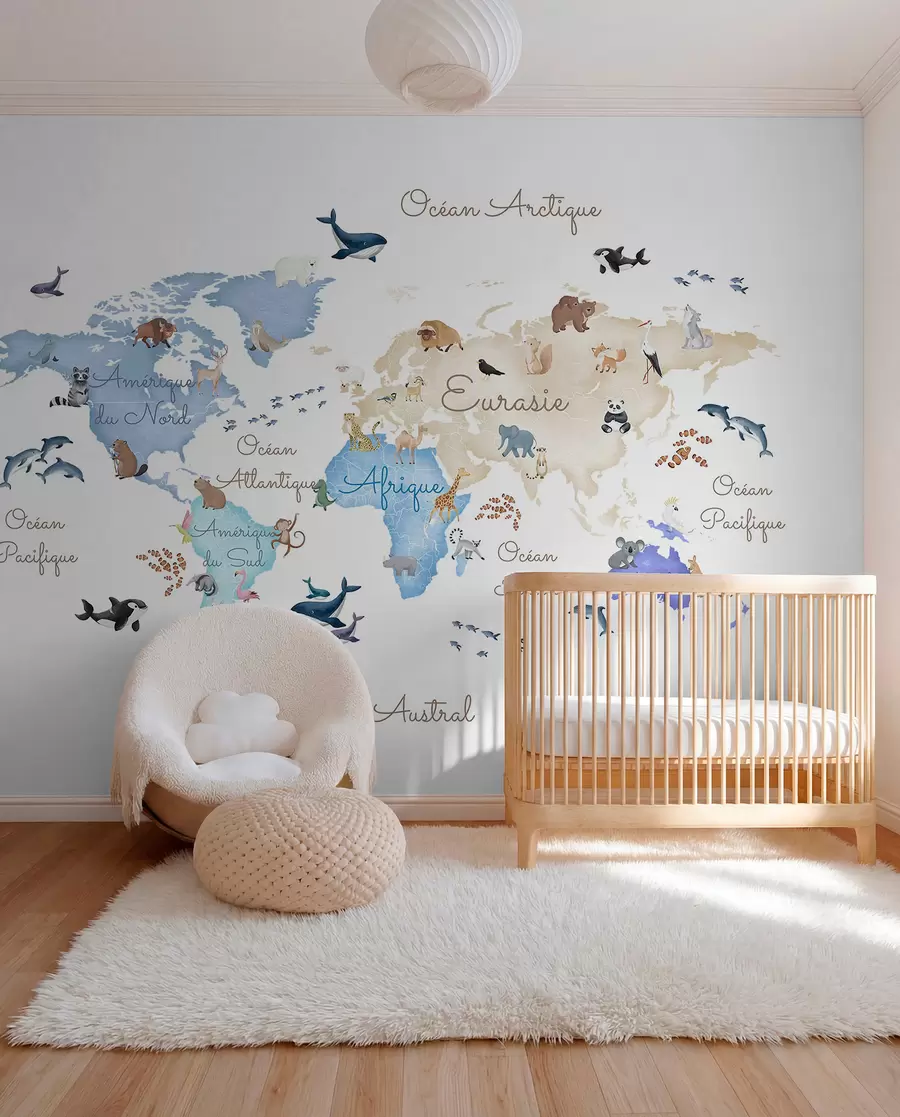 murales de pared Un mapa azul de estilo acuarela con animales. Etiquetas en francés c00012frv1