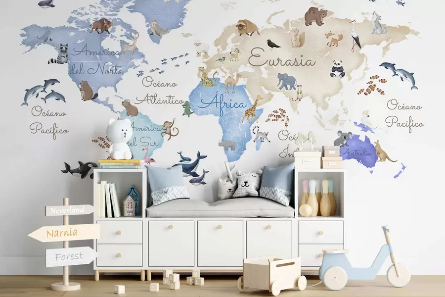 murales de pared Un mapa azul con estilo de acuarela en el que aparecen animales. Etiquetas en español c00012esv1
