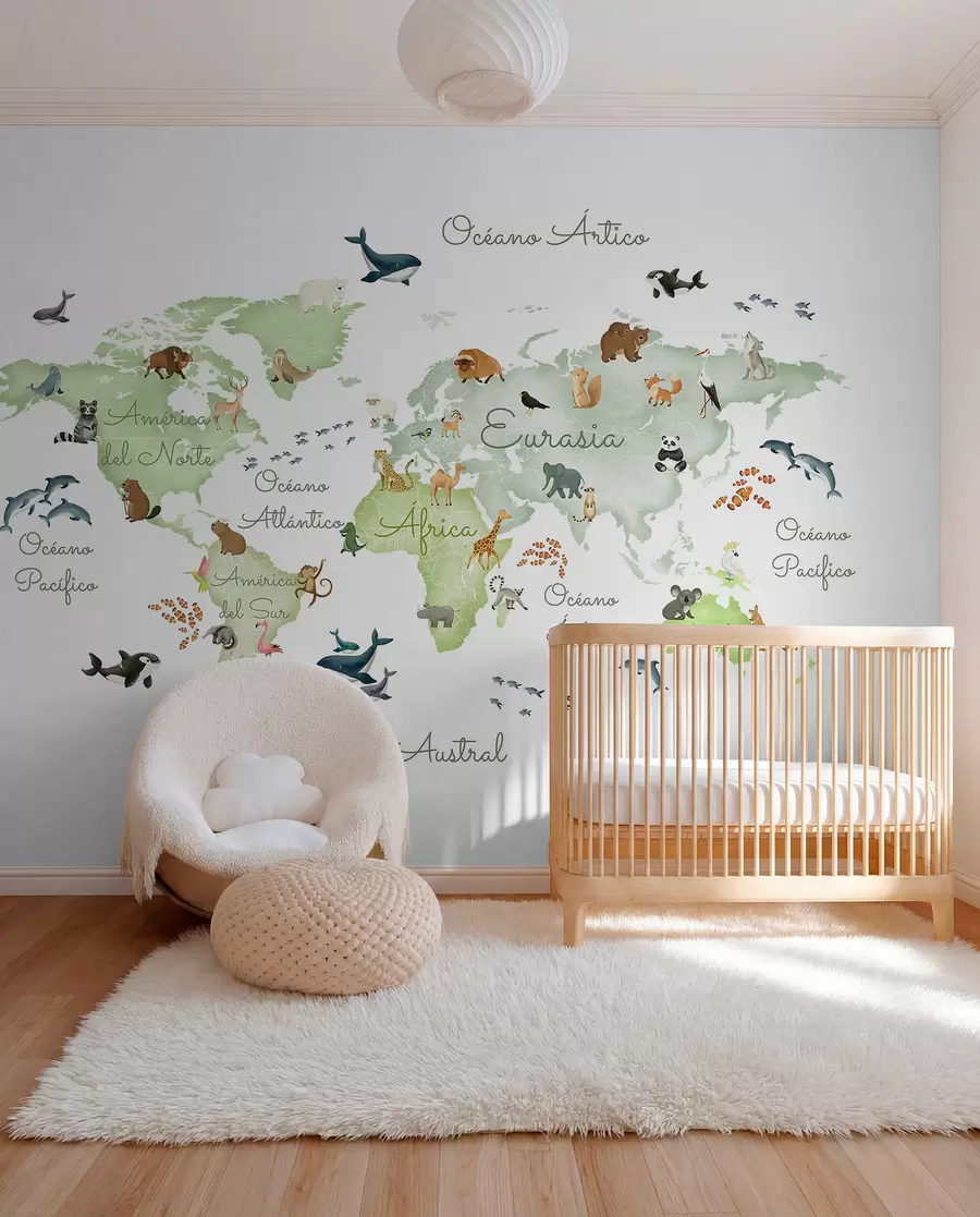 murales de pared Un mapa verde con estilo de acuarela en el que aparecen animales. Etiquetas en español c00012esv2