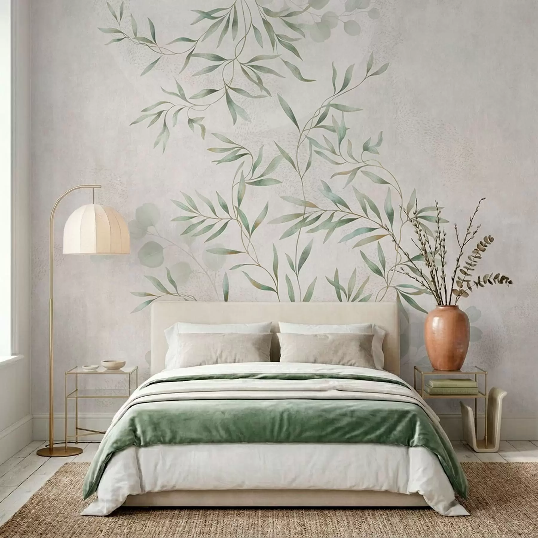 murales de pared Delikado estampado botánico con ramas finas sobre un fondo claro w05424