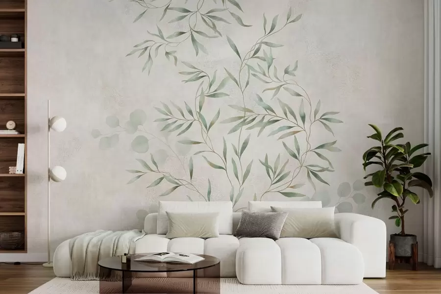 murales de pared Delikado estampado botánico con ramas finas sobre un fondo claro w05424