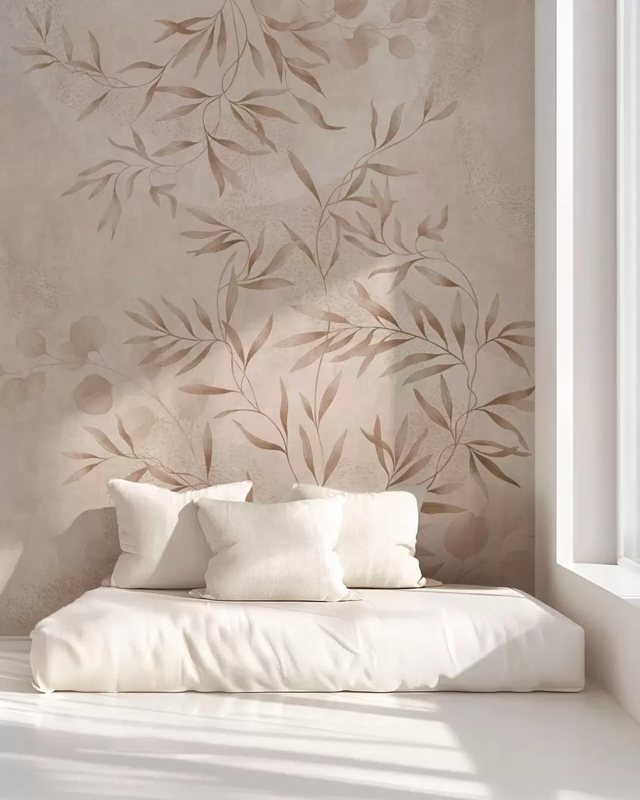 murales de pared Motivo botánico en tonos beige y marrón w05424v2