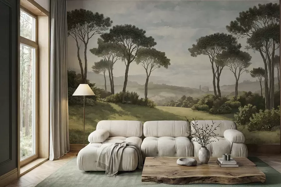 murales de pared Paisaje con árboles, pradera y neblina en la lejanía w05122v1