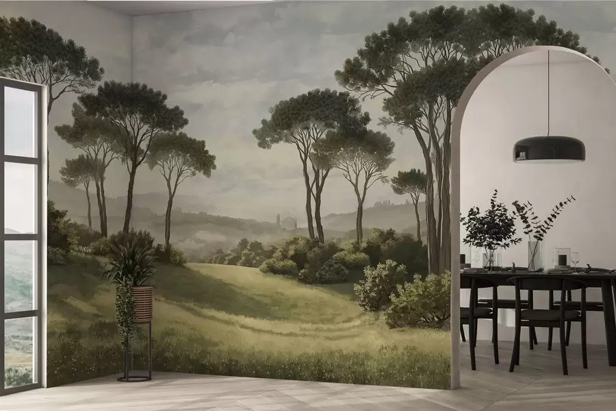 murales de pared Paisaje con árboles, pradera y neblina en la lejanía w05122v1