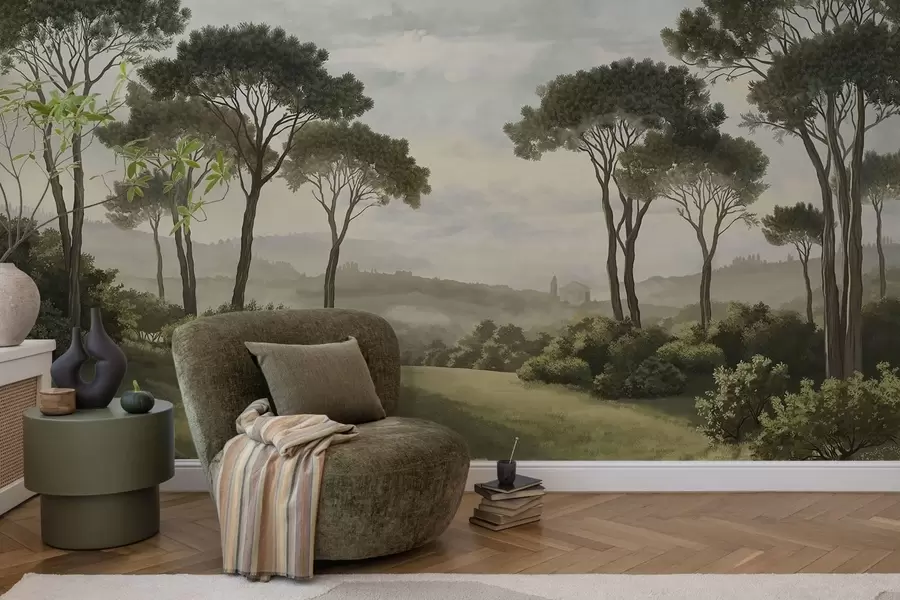 murales de pared Paisaje con árboles, pradera y neblina en la lejanía w05122v1