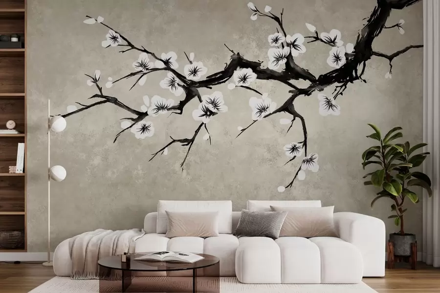 murales de pared Rama con flores blancas en estilo minimalista w05425