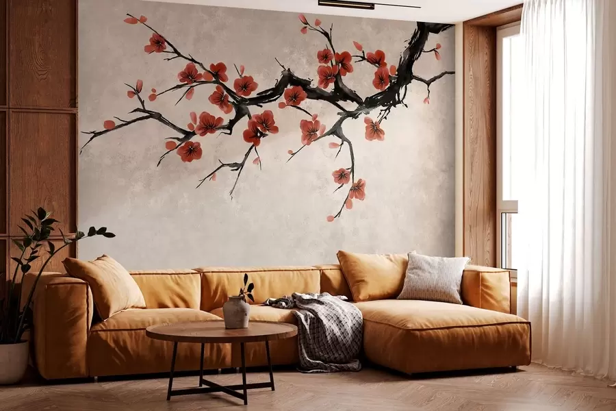 murales de pared Rama con flores de estilo oriental sobre fondo beige w05425v4