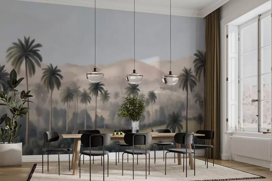 murales de pared Paisaje tropical con palmeras y montañas, panorámica de estilo vintage en tonos beige y verdes w09798