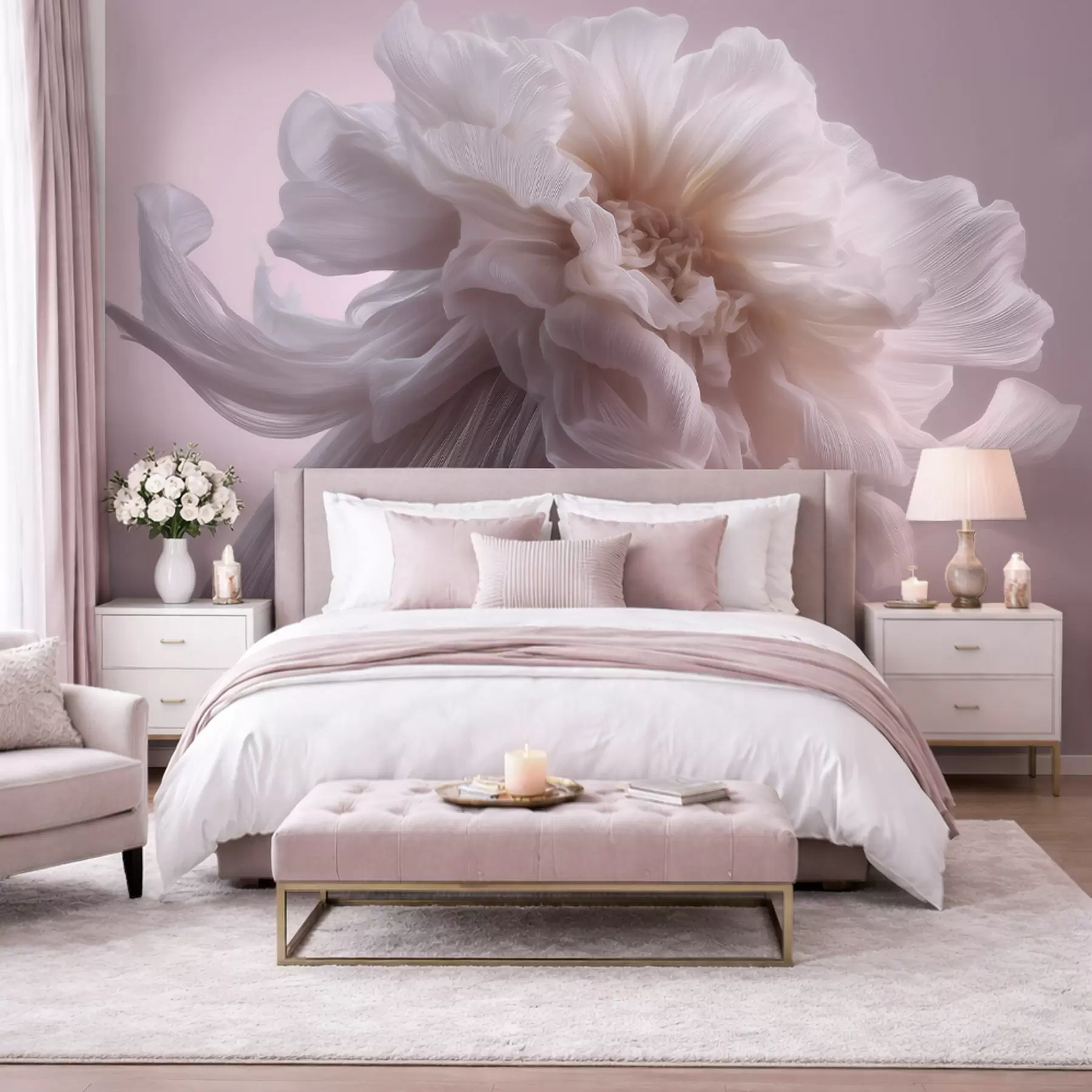 murales de pared Flor de seda con volumen en tonos rosa pálido y beige w09809