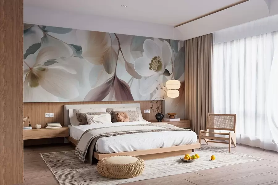 murales de pared una delicada composición de flores y hojas en tonos pastel w05240