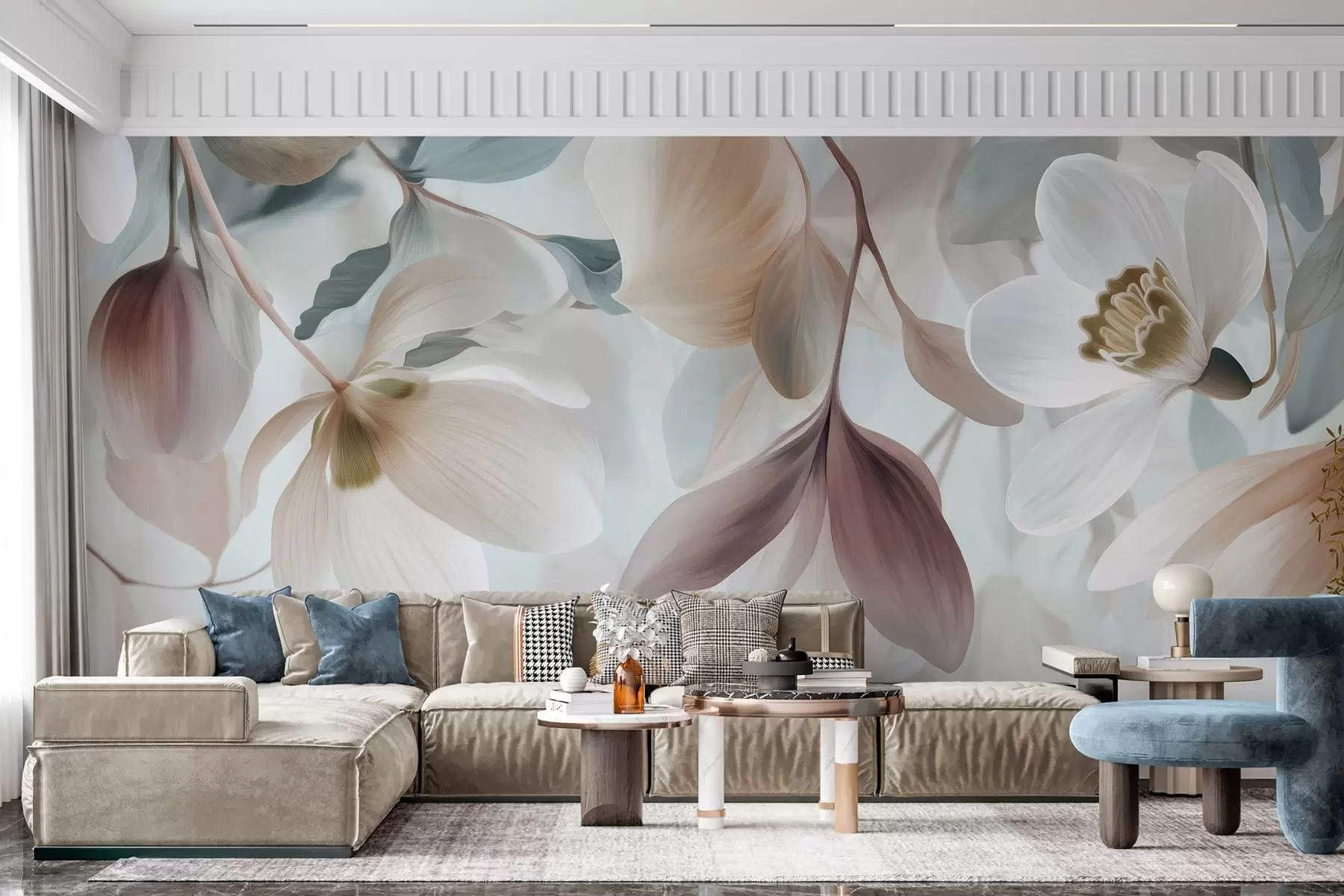 murales de pared una delicada composición de flores y hojas en tonos pastel w05240