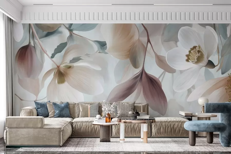 murales de pared una delicada composición de flores y hojas en tonos pastel w05240