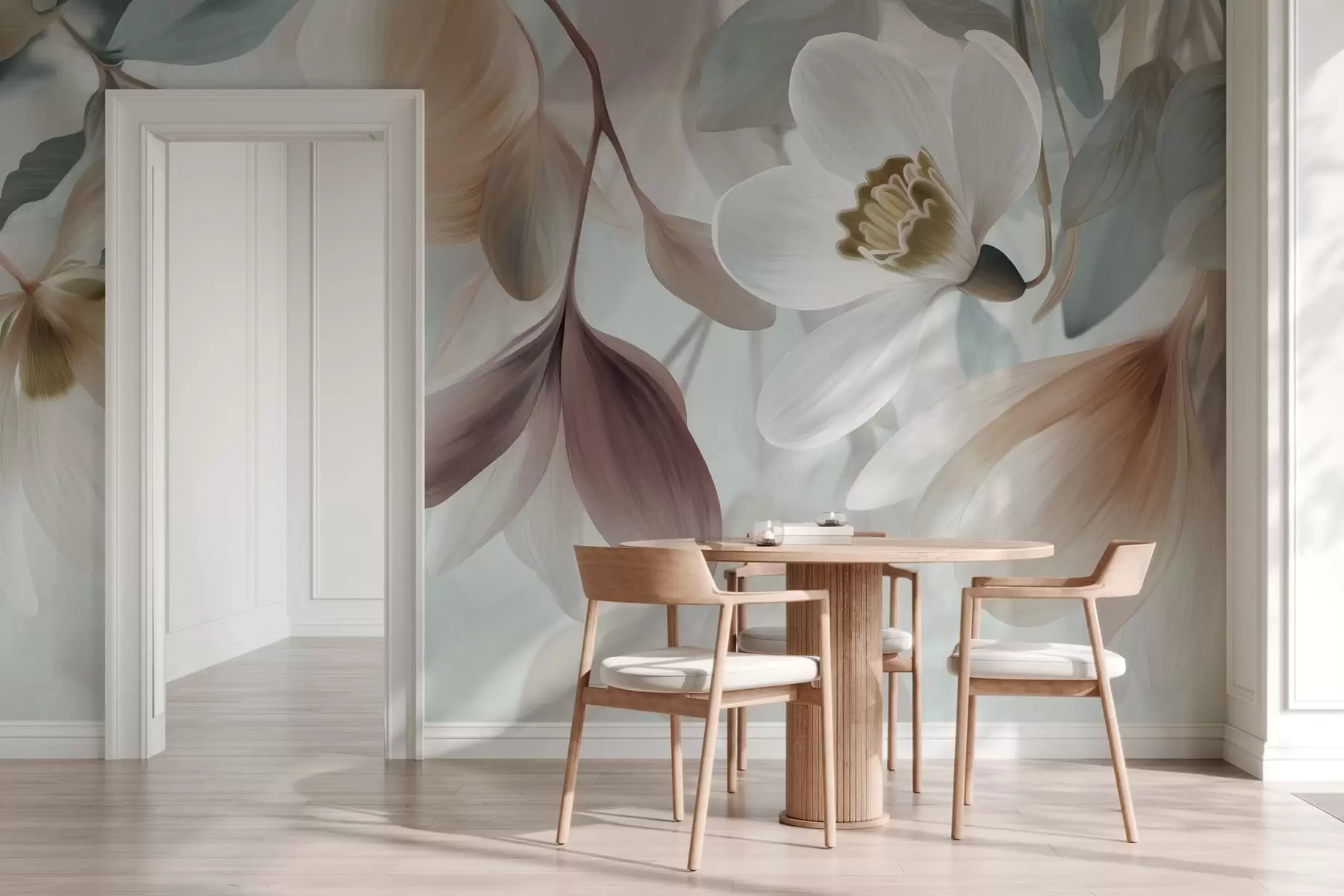 murales de pared una delicada composición de flores y hojas en tonos pastel w05240