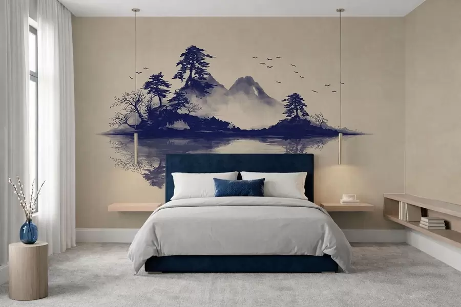 murales de pared Paisaje montañoso en sumi-e en tonos azules w05124v2